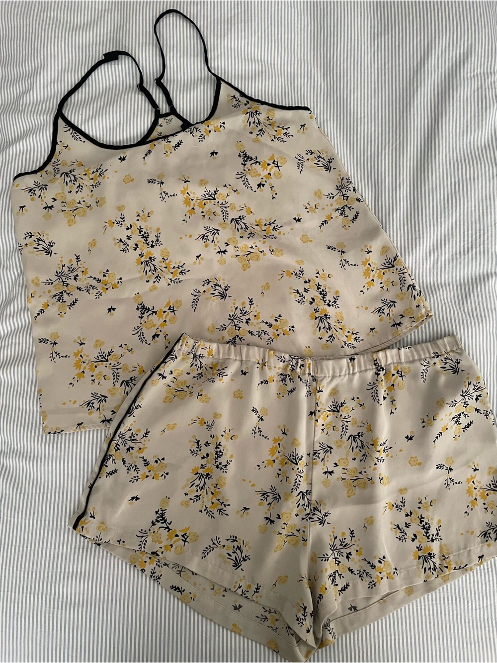 J. Crew Cream Floral Satin Cami & Shorts Pajama Set with Yellow and blac Accents